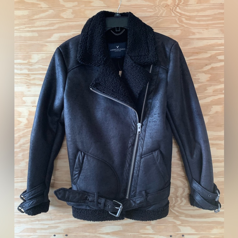 American Eagles ladies faux suede Sherpa lined black motorcycle biker jacket